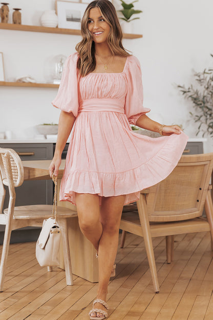 Bow Knot Square Neck Ruffled High Waist Mini Dress