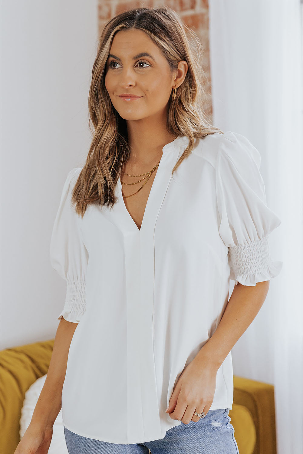 White Solid Color Half Sleeve V Neck Blouse