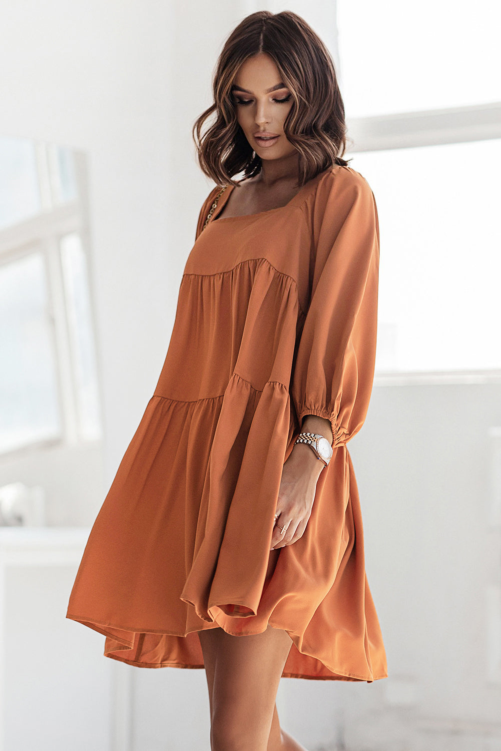 Square Neck Half Sleeve High Low Mini Dress