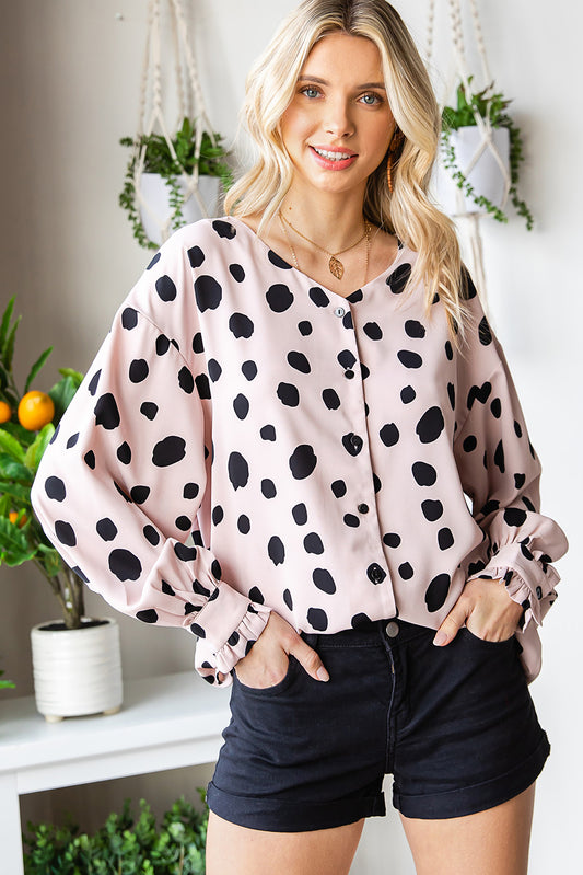 Button Frill Cuffs Oversize Puff Sleeve Blouse