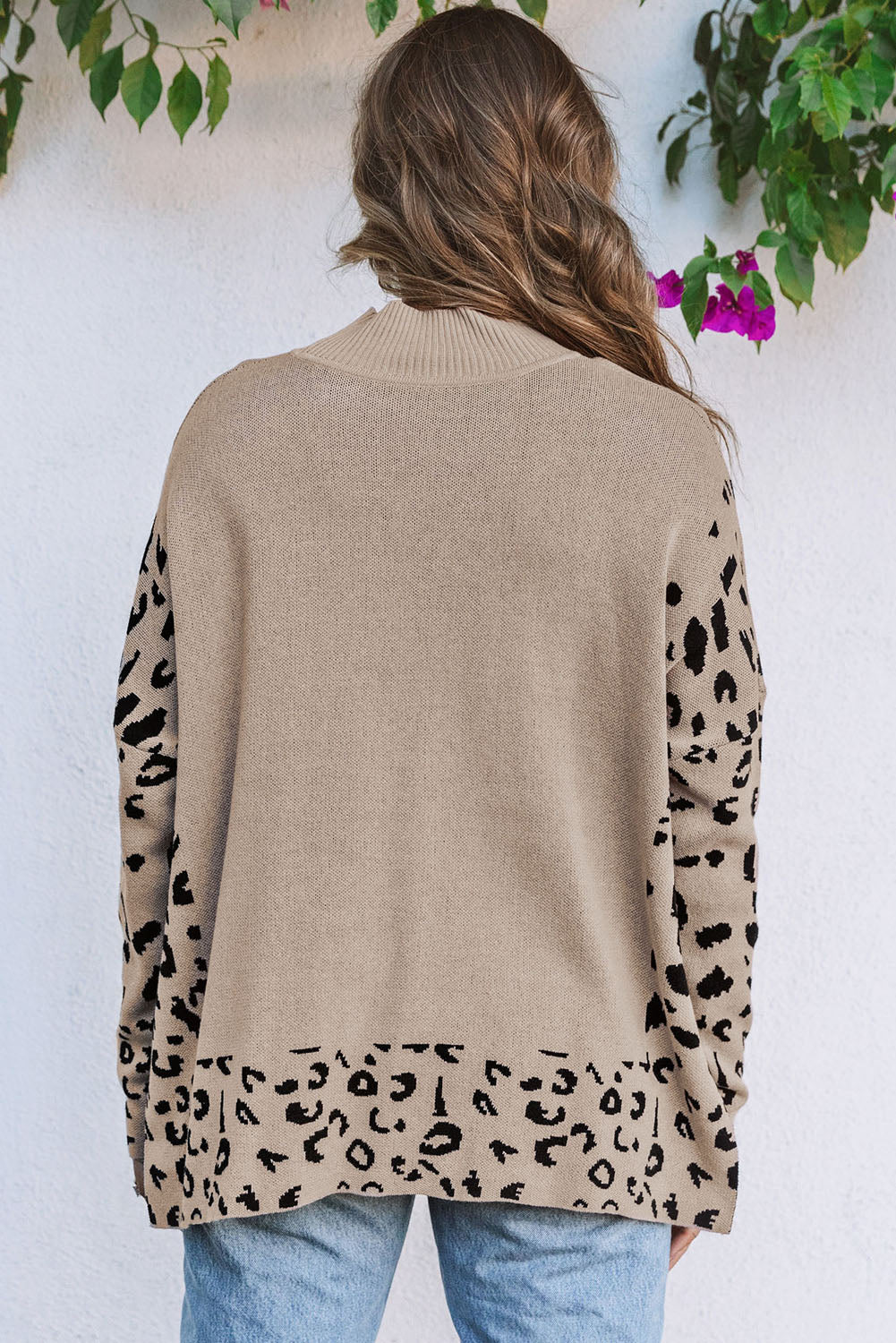 Khaki Leopard High Neck Side Slit Oversized Sweater