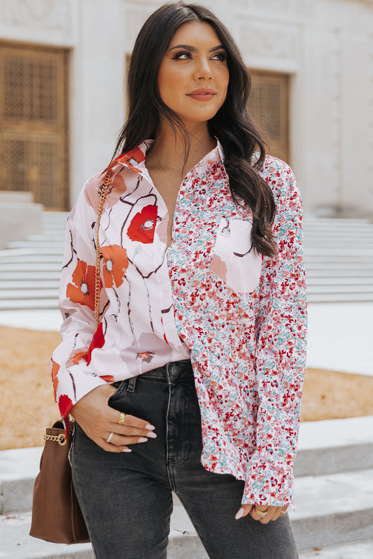 Floral Patchwork Buttoned Shirt with Pocket