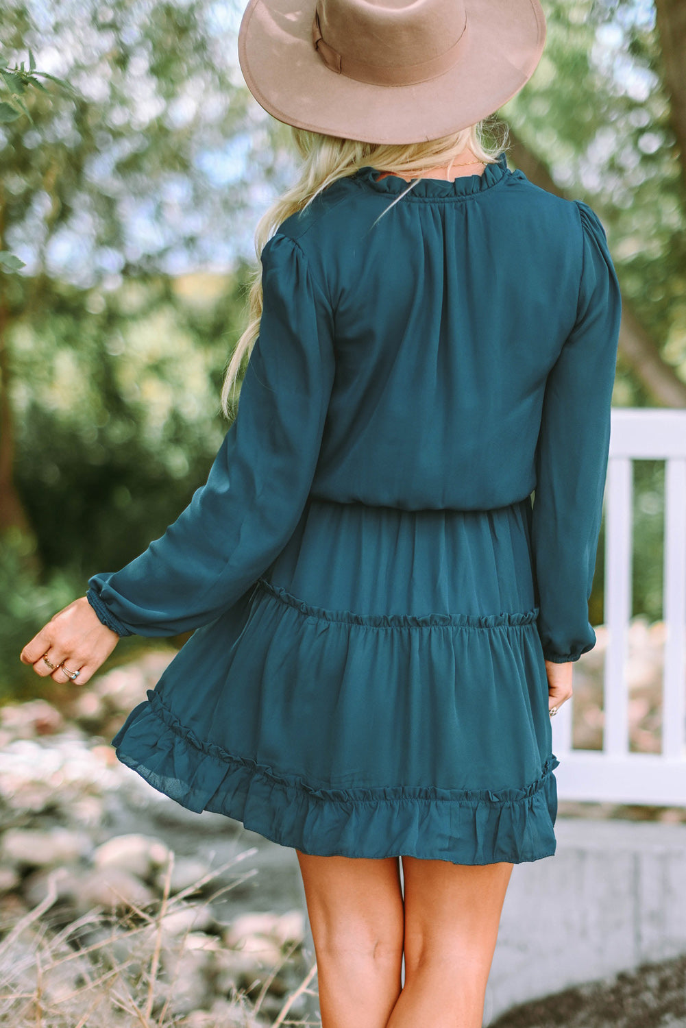 V Neck Long Sleeve Ruffle Tiered Mini Dress