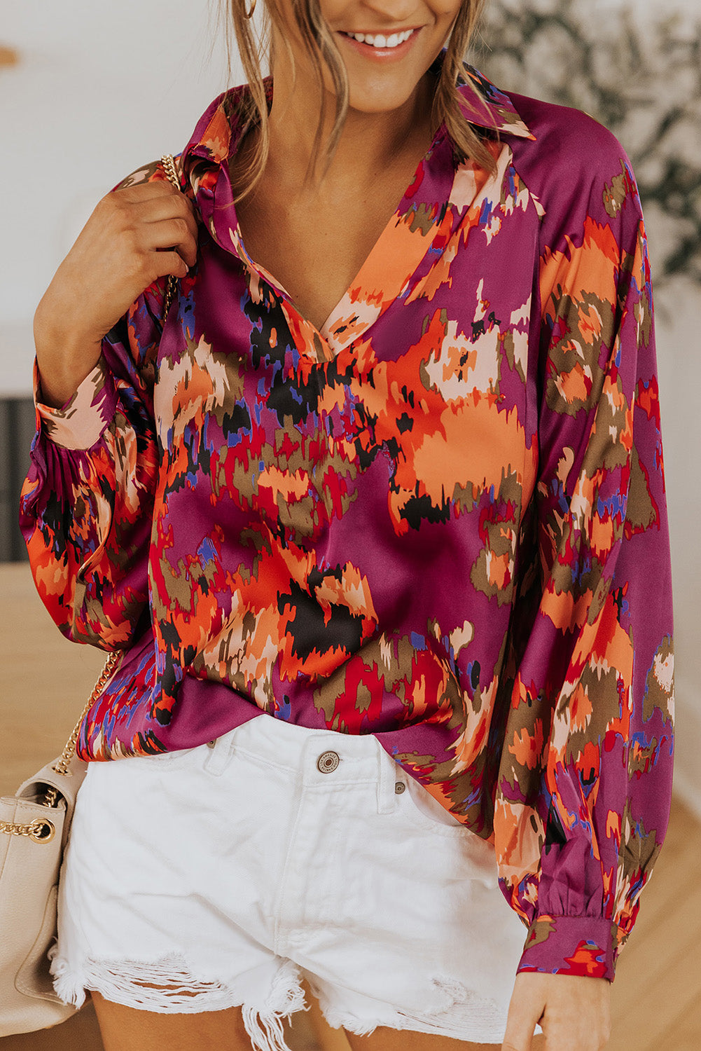 Graffiti Printed V Neck Puff Sleeve Blouse