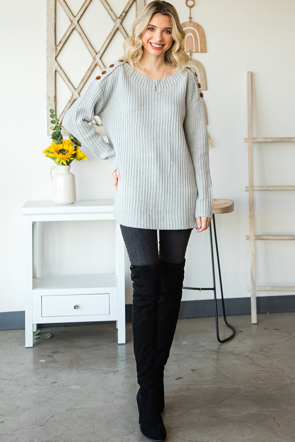 Buttoned Drop Shoulder Oversized Sweater