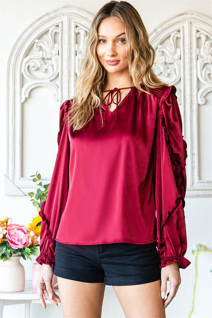 Split Neck Ruffled Satin Shirt