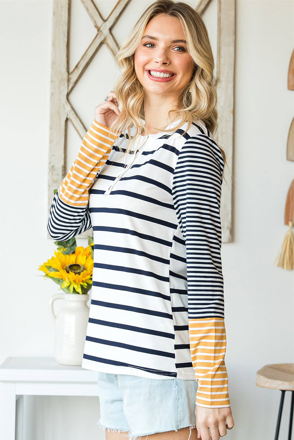 Long Sleeve Stripe Button Henley Top