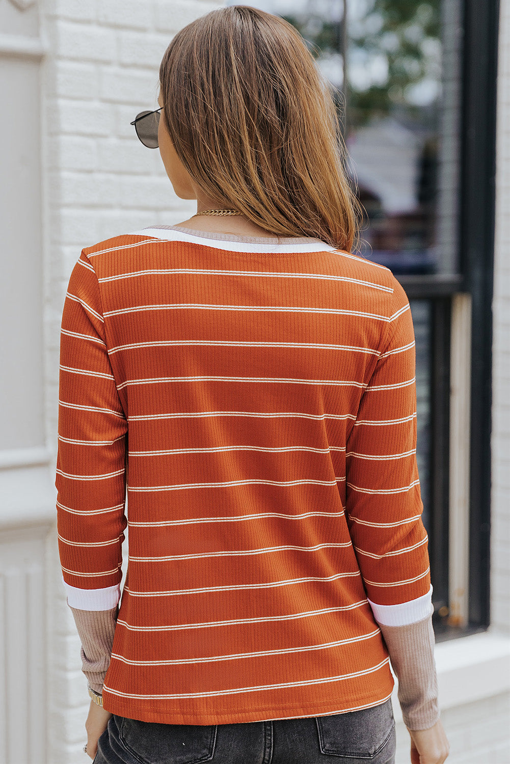 Extend Color Block Cuffs Rib Knit Striped Pullover