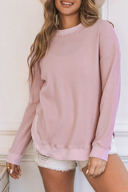 Crew Neck Ribbed Trim Waffle Knit Top