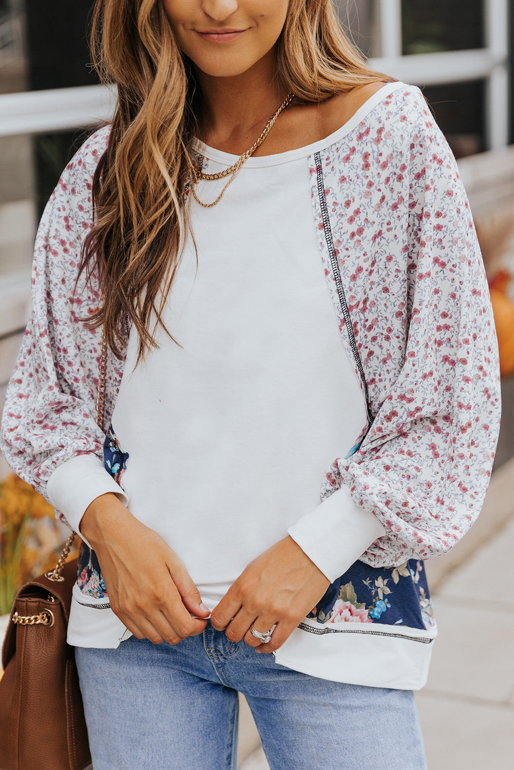 Multicolor Floral Print Patchwork Long Sleeve Top