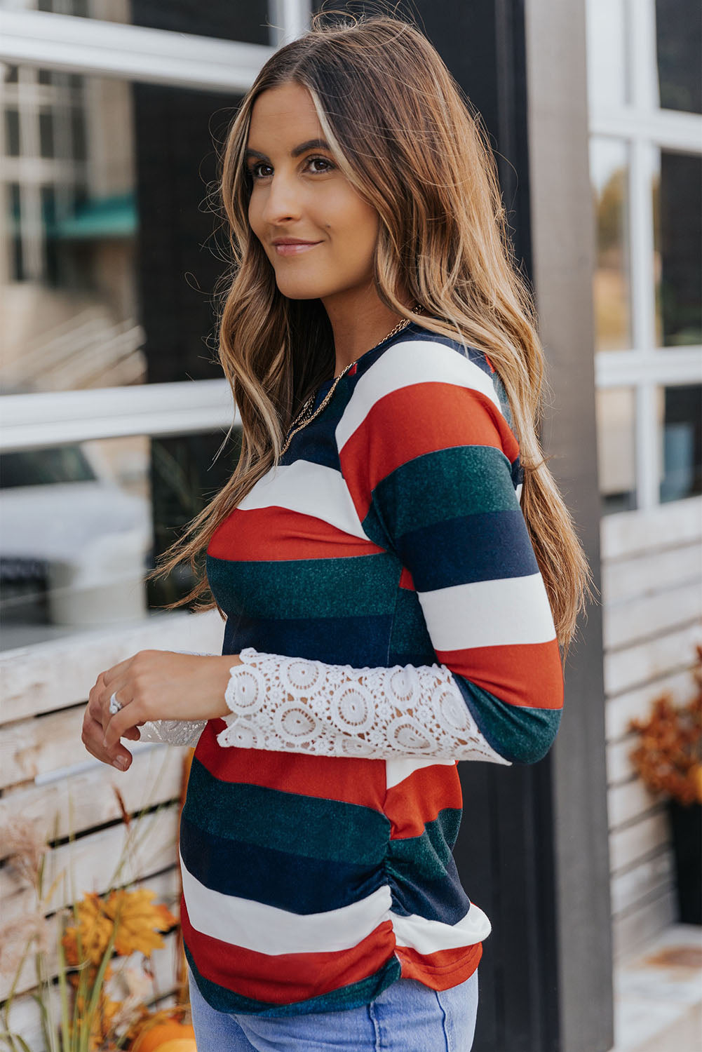 Green Striped Lace Splicing Long Sleeve Top