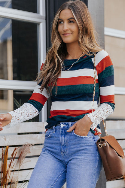 Green Striped Lace Splicing Long Sleeve Top