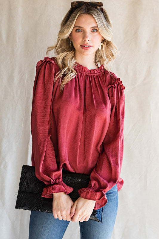 Frilled Neck Ruffled Long Sleeve Blouse