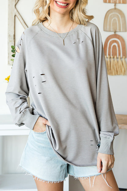 Ribbed Trim Distressed Pullover Top