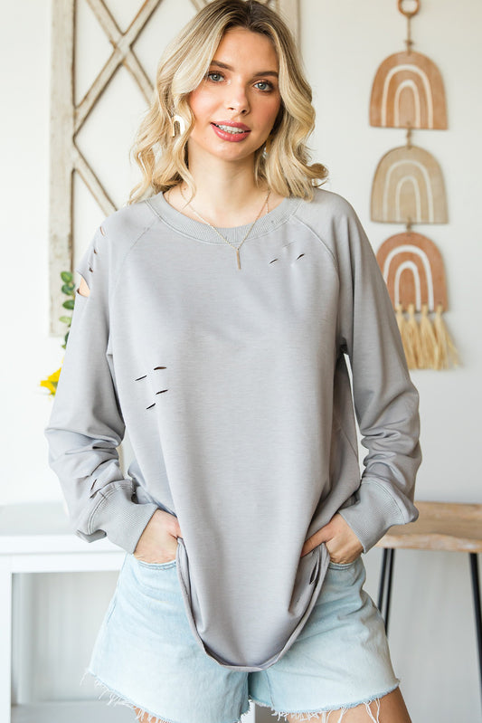 Ribbed Trim Distressed Pullover Top