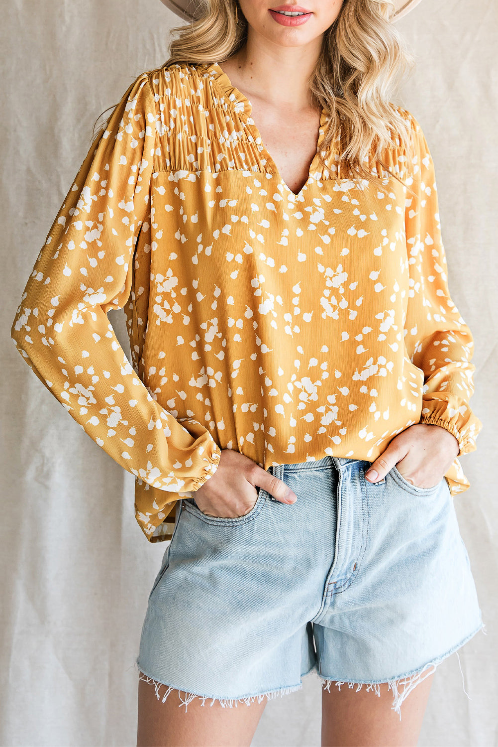 Split Neck Fall Printed Crinkled Blouse