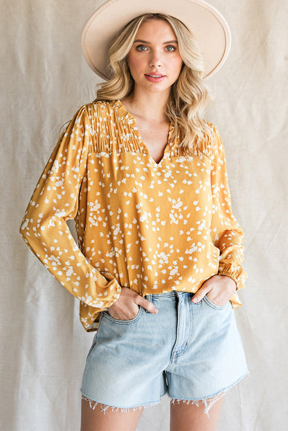 Split Neck Fall Printed Crinkled Blouse