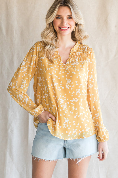 Split Neck Fall Printed Crinkled Blouse