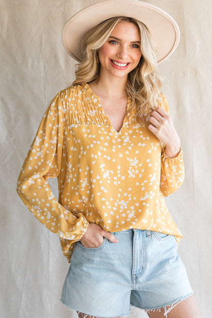 Split Neck Fall Printed Crinkled Blouse