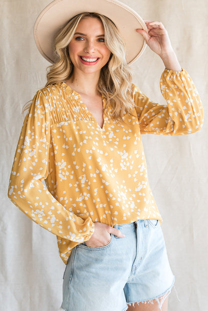 Split Neck Fall Printed Crinkled Blouse