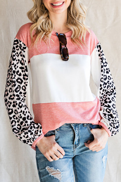 Leopard Color Block Knitted Long Sleeve Top