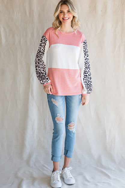 Leopard Color Block Knitted Long Sleeve Top