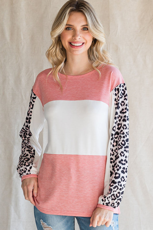 Leopard Color Block Knitted Long Sleeve Top