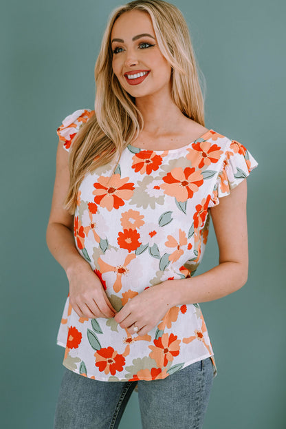 Floral Print Ruffled Flutter Sleeve Blouse