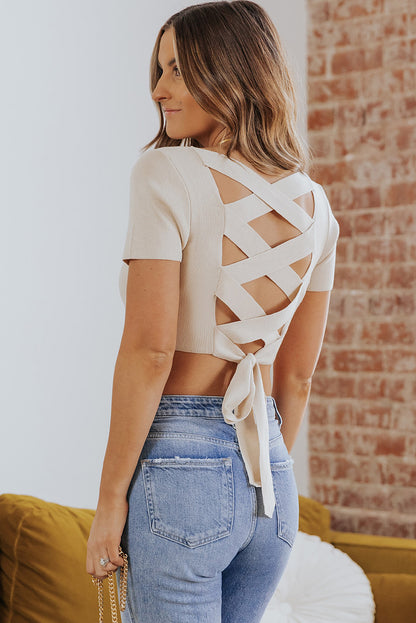 Criss Cross Lace-up Ribbed Square Neck Crop Top
