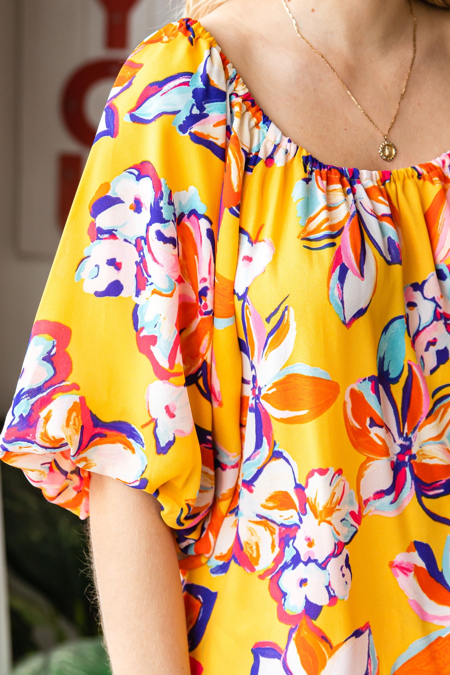 Floral Print Elastic Neckline Blouse