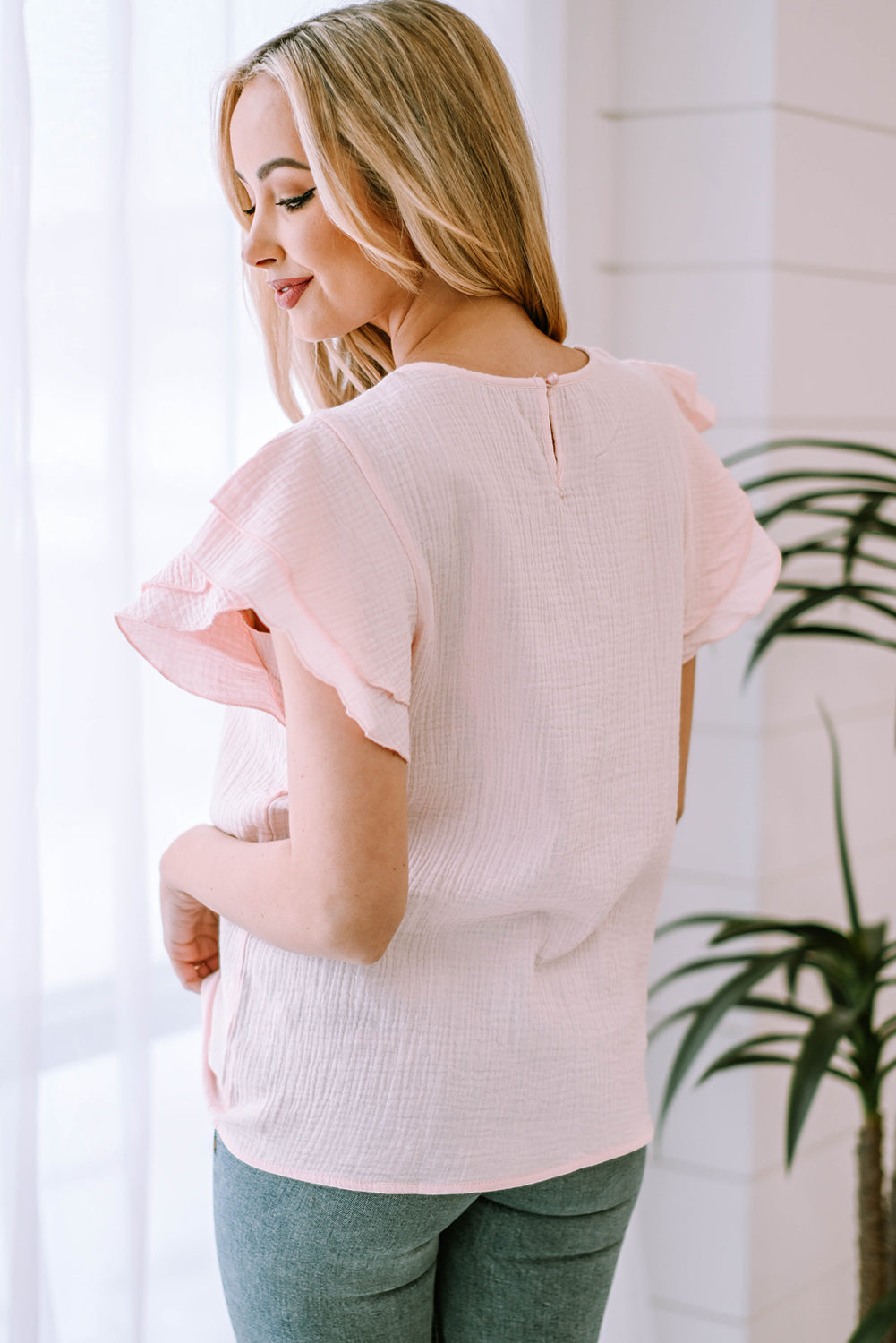 Pink Textured Tiered Ruffled Short Sleeve Blouse