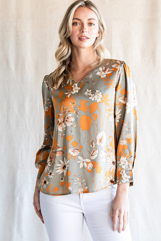 Floral Print Long Sleeve V Neck Blouse