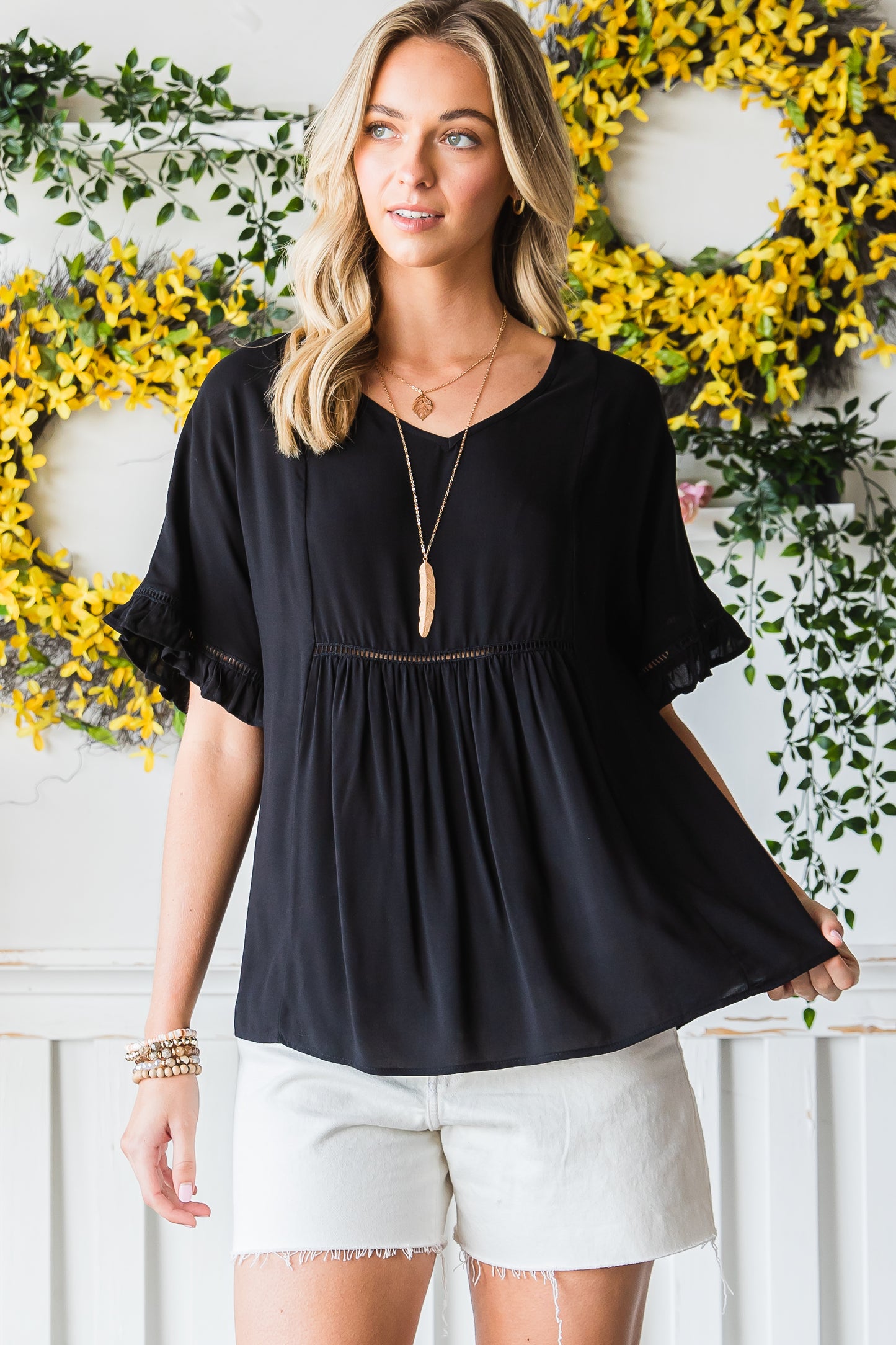 Black Ruffled Lace Detail Loose V Neck Top