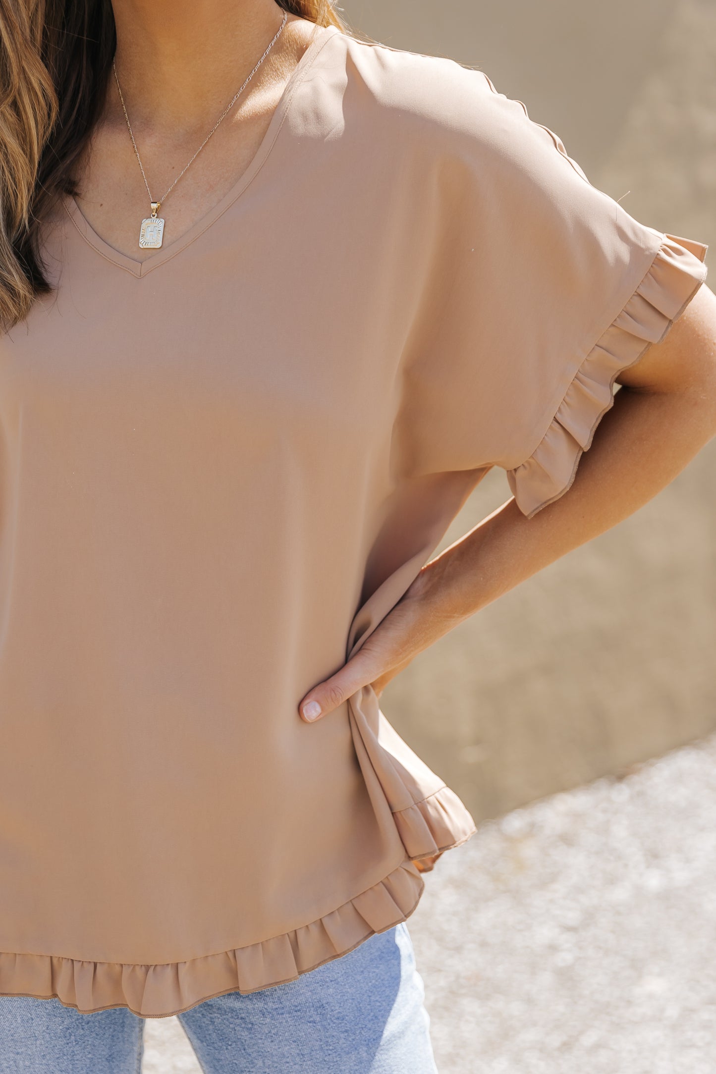 Khaki Ruffle Trim Short Sleeve Oversize Blouse