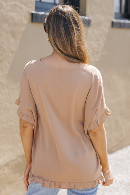 Khaki Ruffle Trim Short Sleeve Oversize Blouse