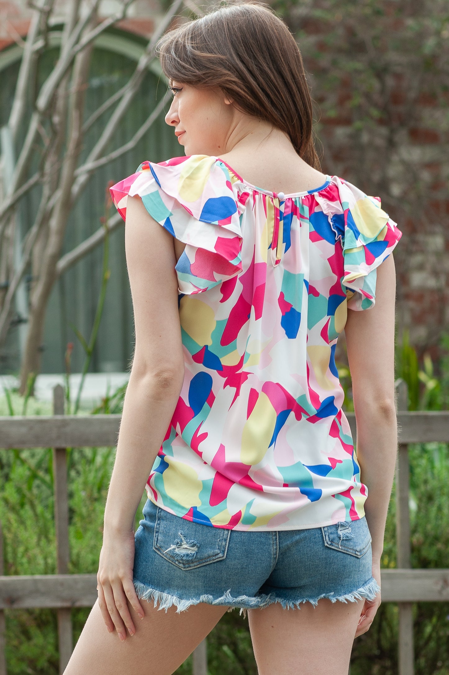 Multicolor Abstract Pattern Ruffle Short Sleeves Blouse