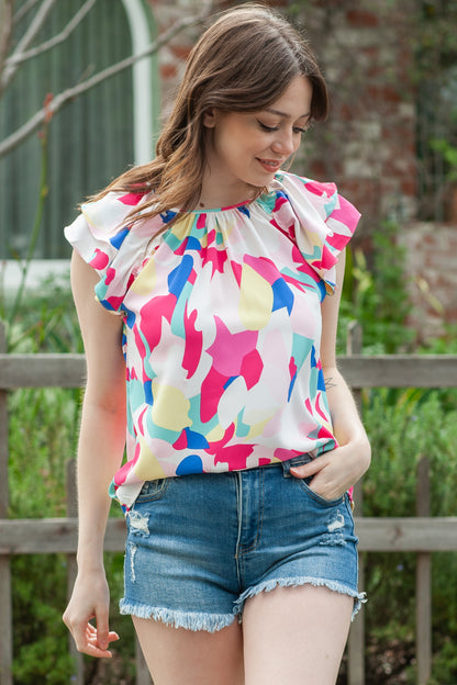 Multicolor Abstract Pattern Ruffle Short Sleeves Blouse