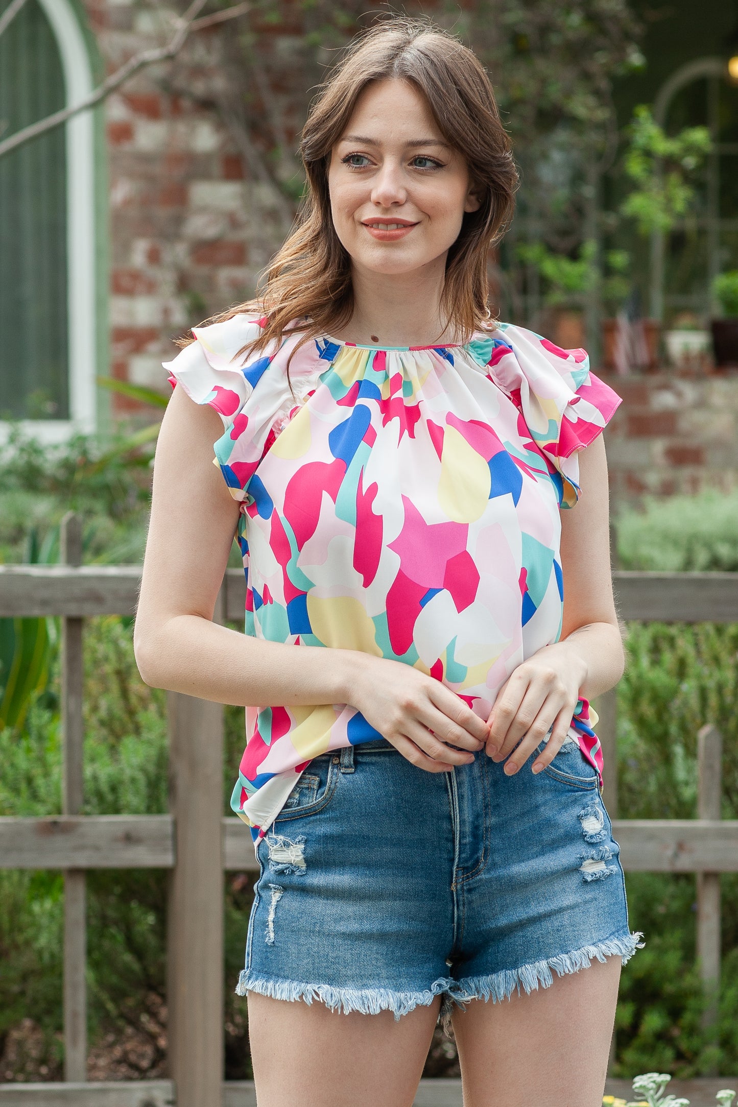 Multicolor Abstract Pattern Ruffle Short Sleeves Blouse