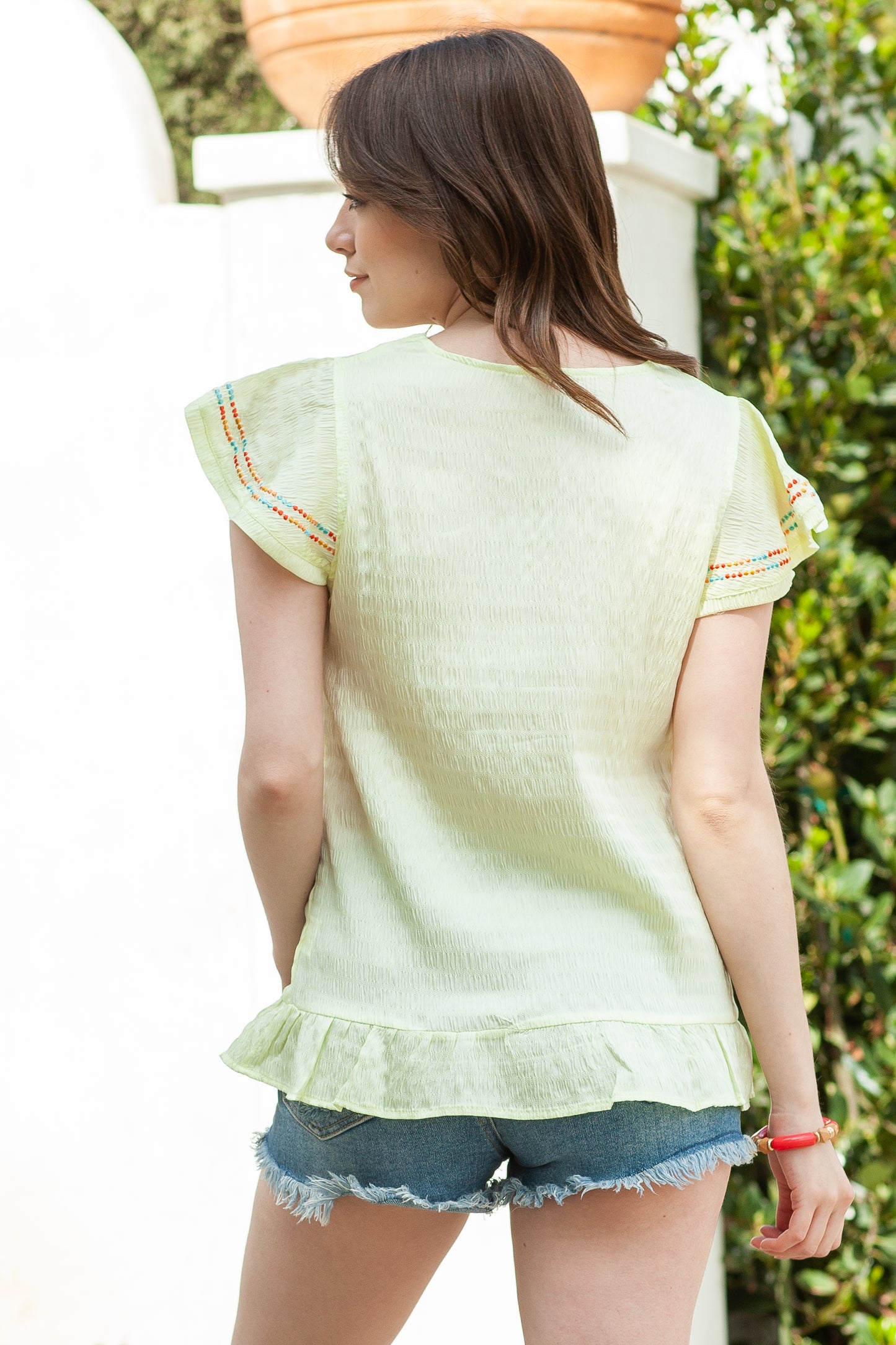 Geometric Embroidery Textured Top with Ruffles