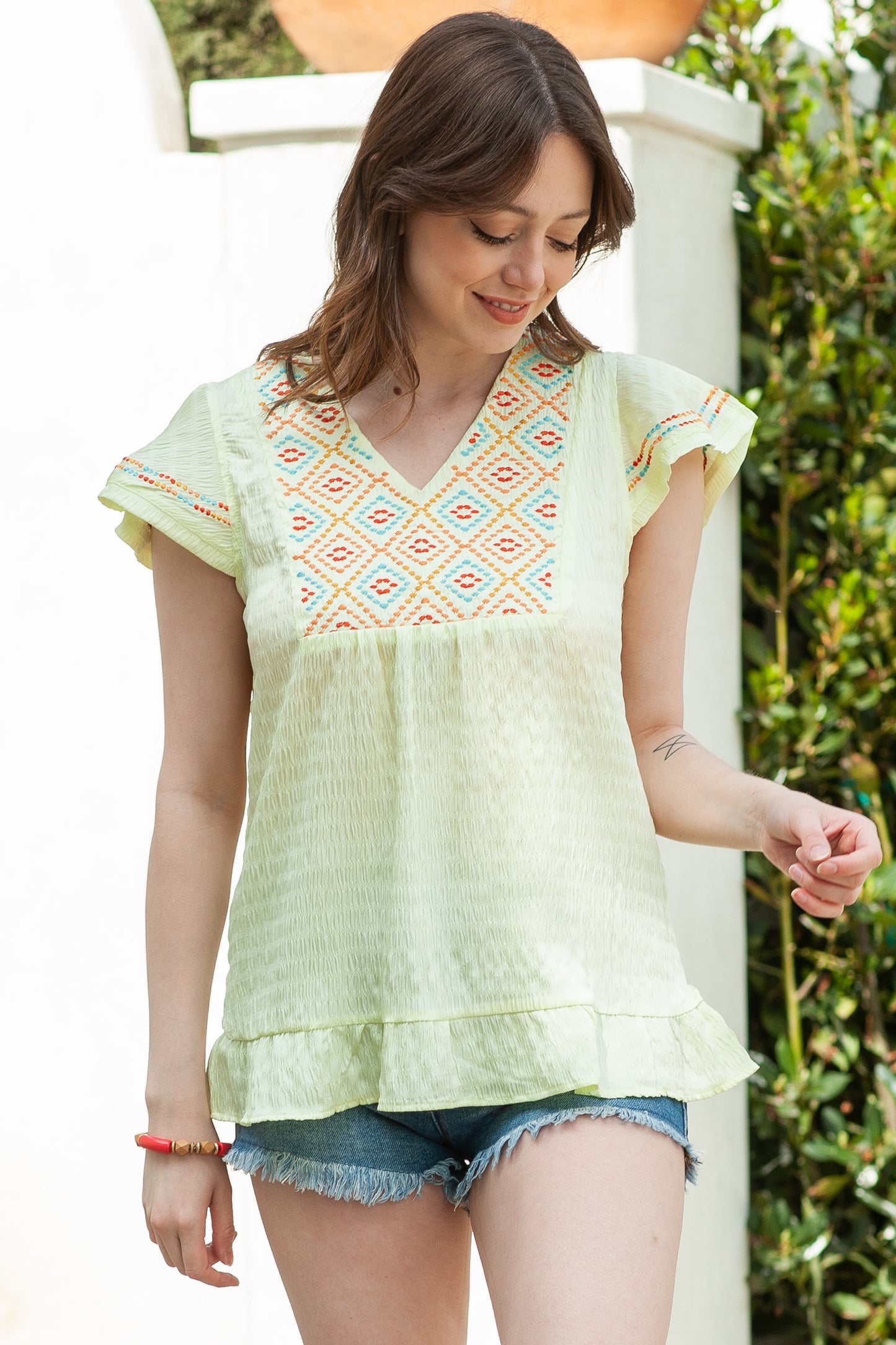 Geometric Embroidery Textured Top with Ruffles