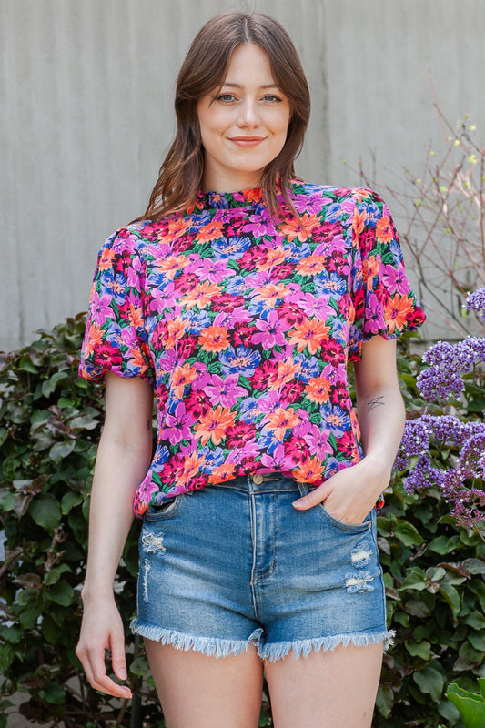 Multicolor Floral Print Round Neck Puff Sleeve Blouse