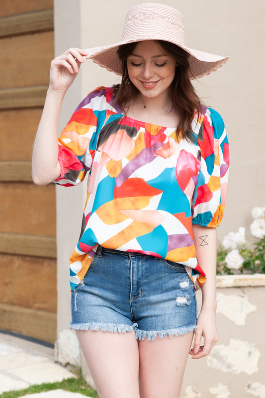 Multicolor Square Neck Abstract Print Short Sleeve Blouse