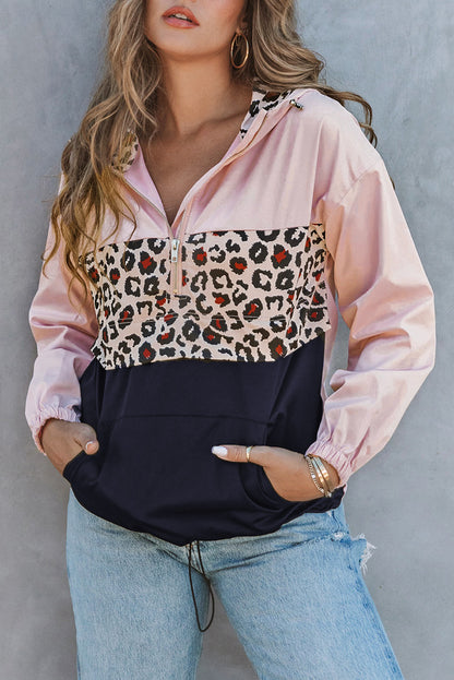 Leopard Patchwork Half Zip Pocketed Pullover Hoodie