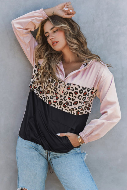 Leopard Patchwork Half Zip Pocketed Pullover Hoodie