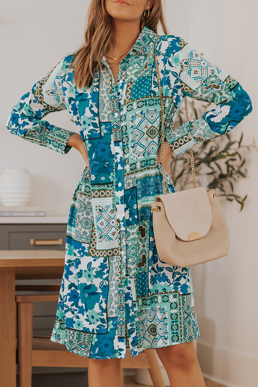 Multicolor Boho Patchwork Print Flowy Long Sleeve Kimono