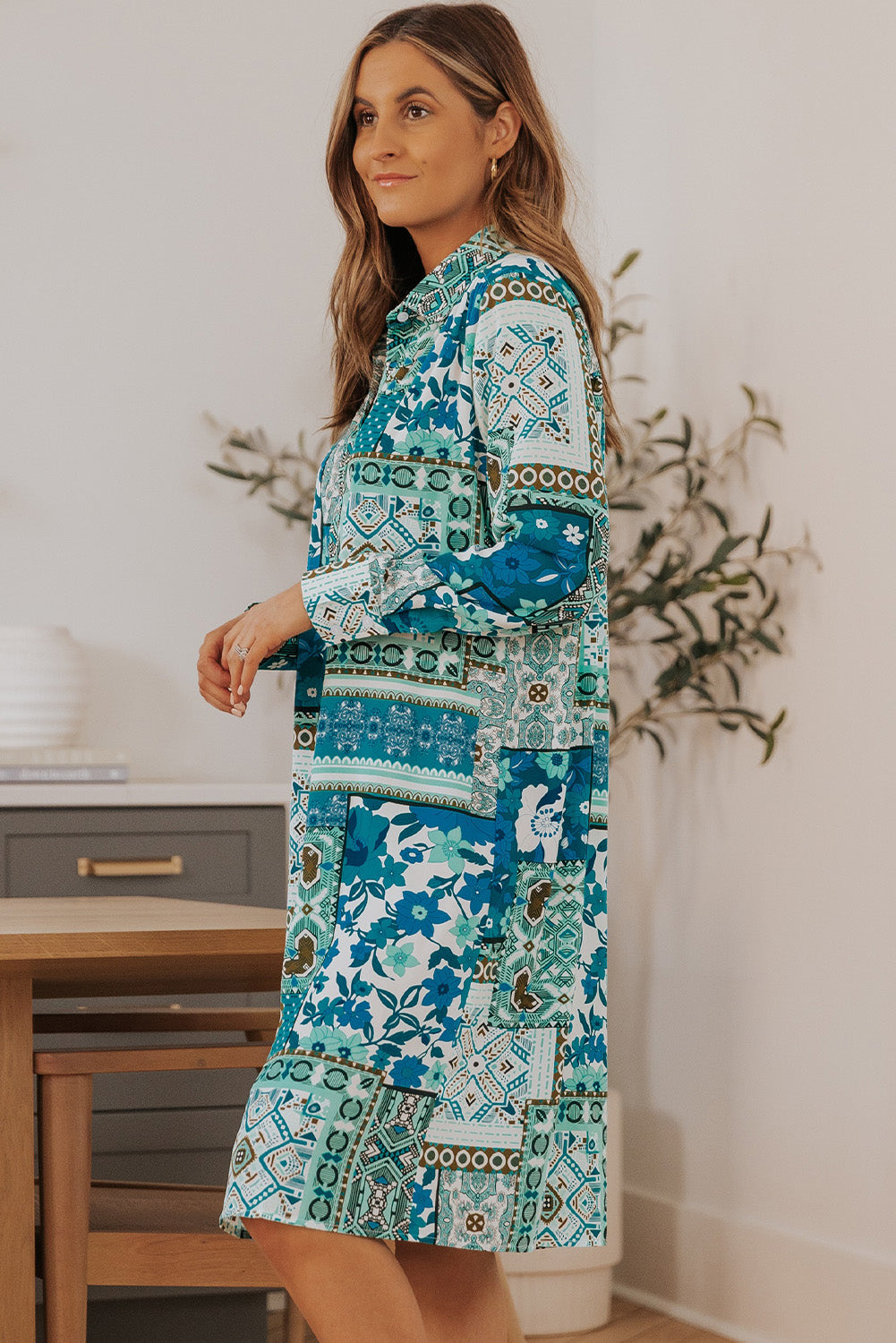 Multicolor Boho Patchwork Print Flowy Long Sleeve Kimono