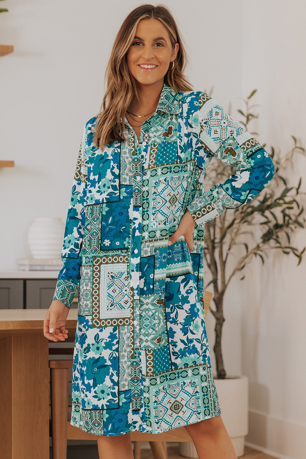 Multicolor Boho Patchwork Print Flowy Long Sleeve Kimono