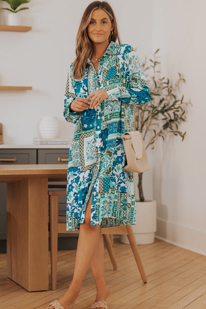 Multicolor Boho Patchwork Print Flowy Long Sleeve Kimono