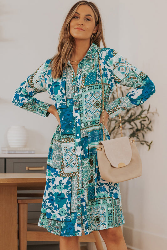 Multicolor Boho Patchwork Print Flowy Long Sleeve Kimono