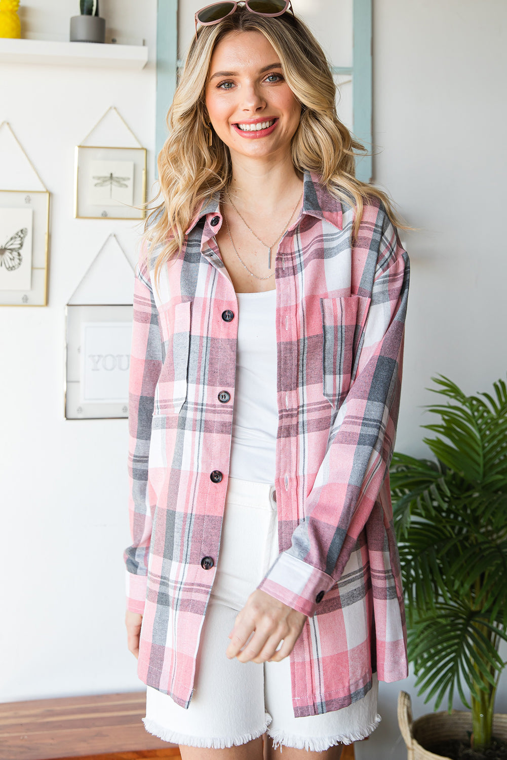 Pink Plaid Button Up Patch Pocket Shirt